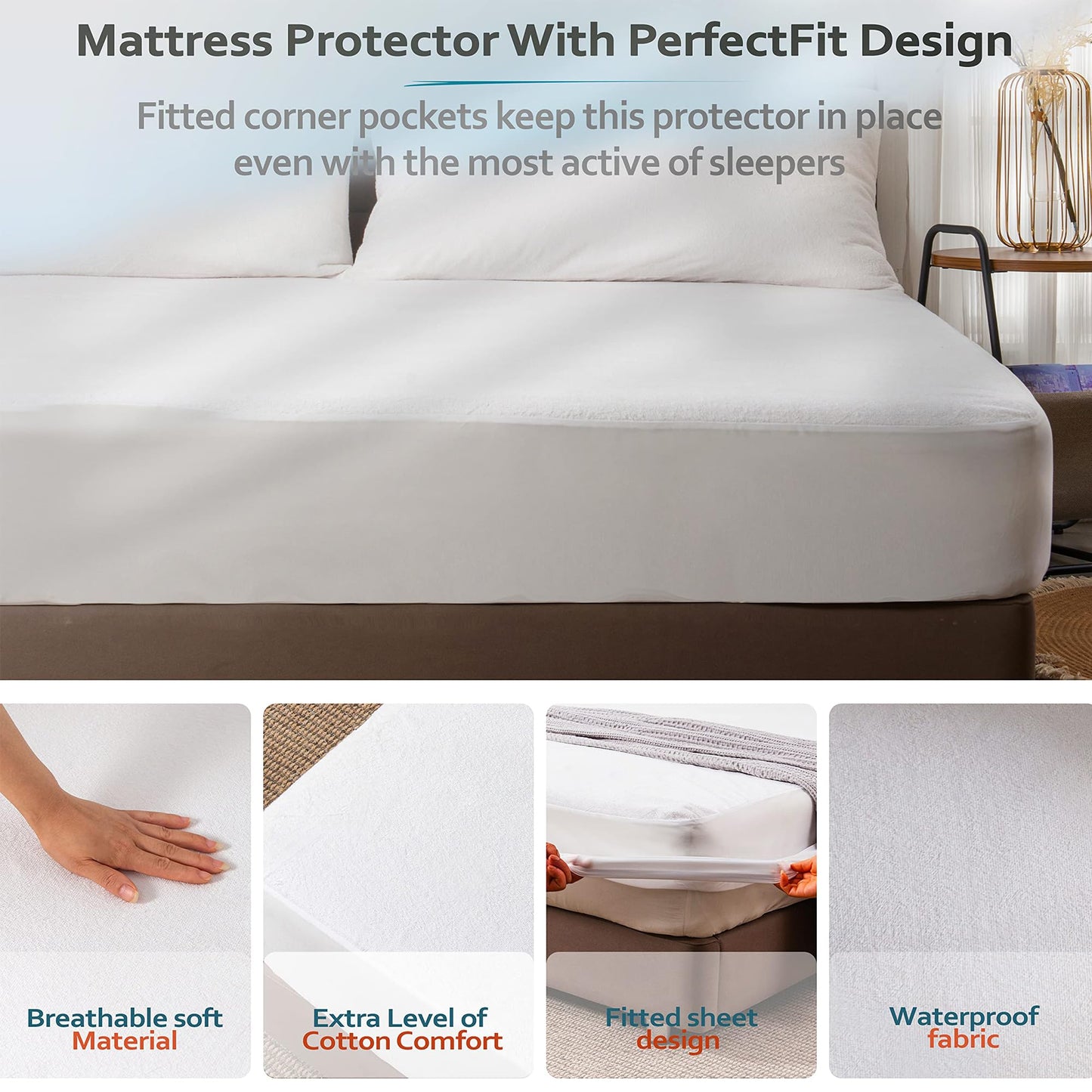 PlushDeluxe Queen Mattress Protector, Breathable Soft Terry Cotton Fitted Sheet Bed Cover with Deep Stretchable Pockets, 100% Waterproof, Noiseless, Hypoallergenic, Dust Mite Proof, 60"x80"x15"