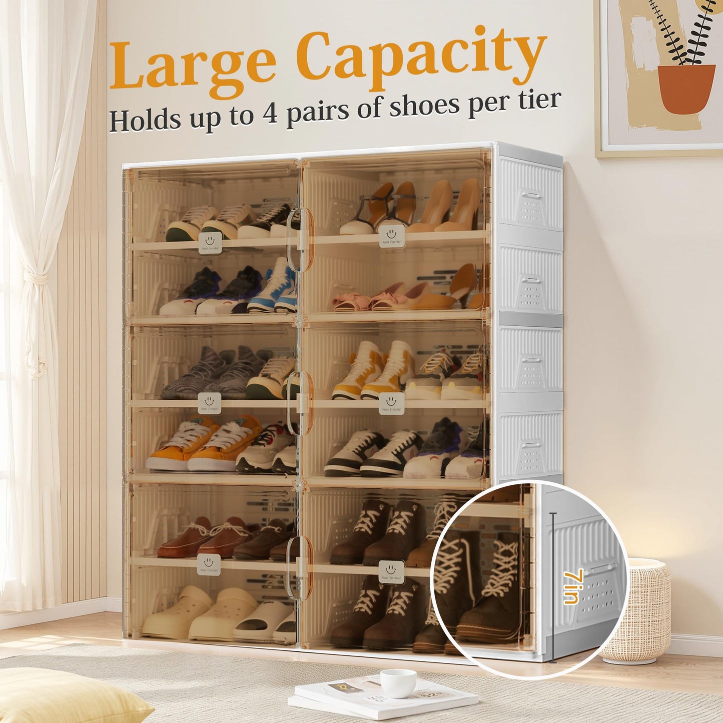 SPIEEK Foldable Shoe Rack Organizer for Entryway with Clear Magnetic Doors - Large Capacity Shoe Cabinet for Boots, Sneakers & All Shoes, Easy Assembly, White 4-Tier 16 Pairs
