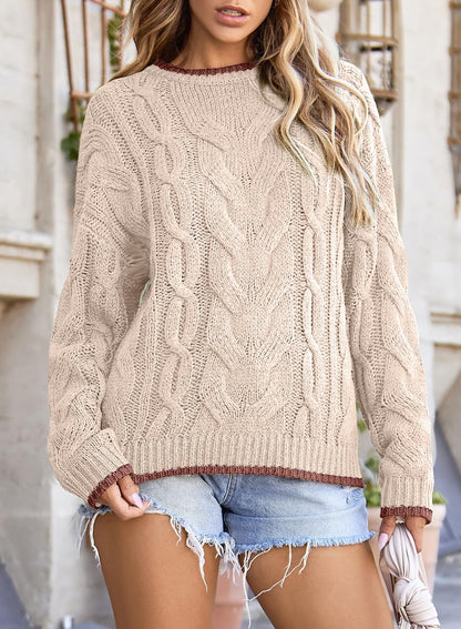 EVALESS Sweaters for Women Trendy Crewneck Long Sleeve Color Block Sweater Tops Fall 2025 Chunky Cable Knit Pullover Sweaters