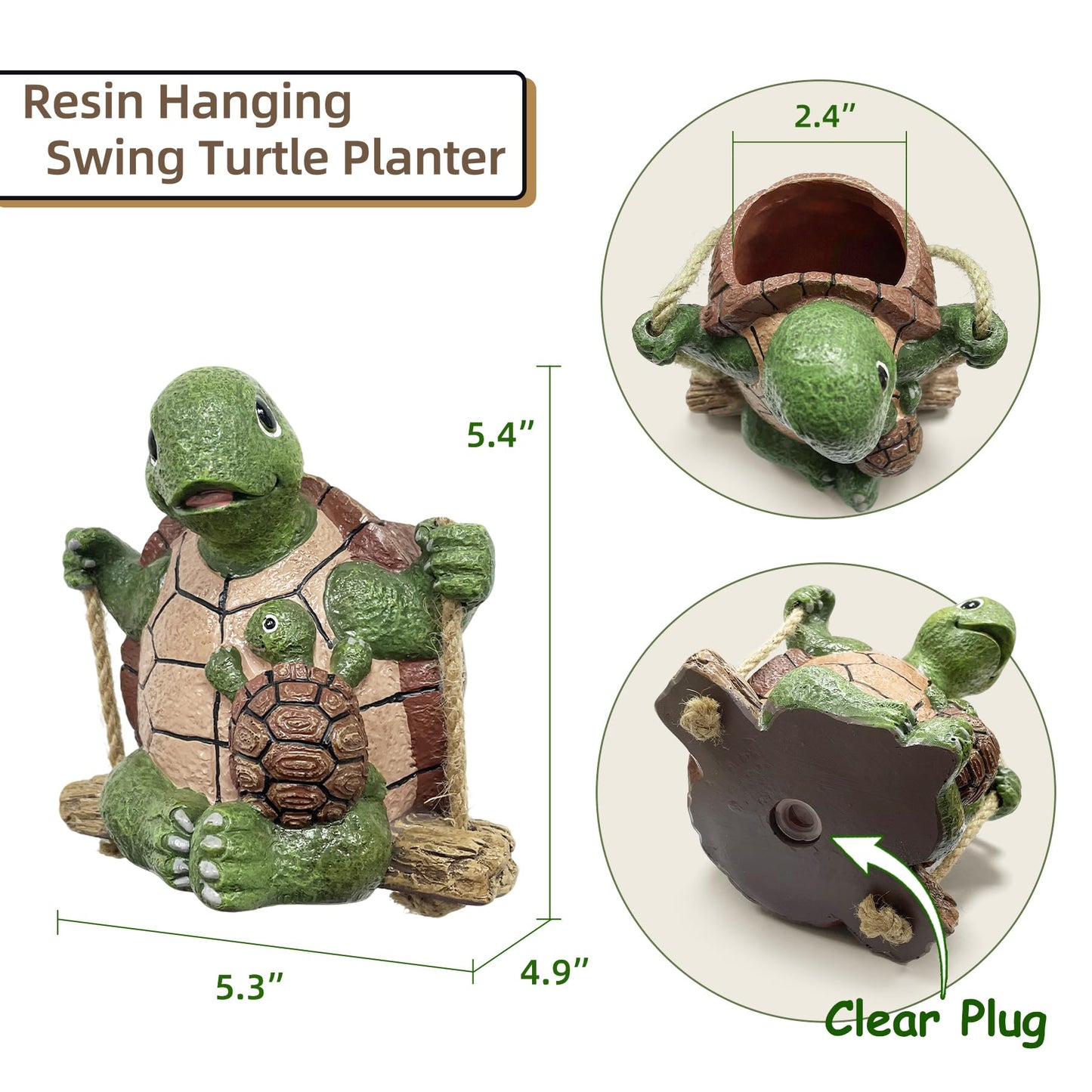 Saysmile Swing Turtle Hanging Planters for Indoor Plants, Cute Small Succulent Pots with Drainage Hole, Unique Resin Plant Hangers Outdoor, Hanging Plant Holder for String of Pearls, Gift for Mom
