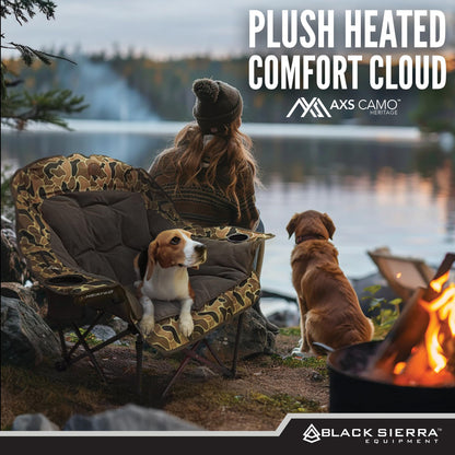 Black Sierra Heated Plush Fleece XL Padded Camping Chair for Adults, Oversized Heavy Duty Folding Seat with 3‑Level Heat & Battery Pack, Supports 400 lbs, Cup Holders & Carry Bag for Camping & RV