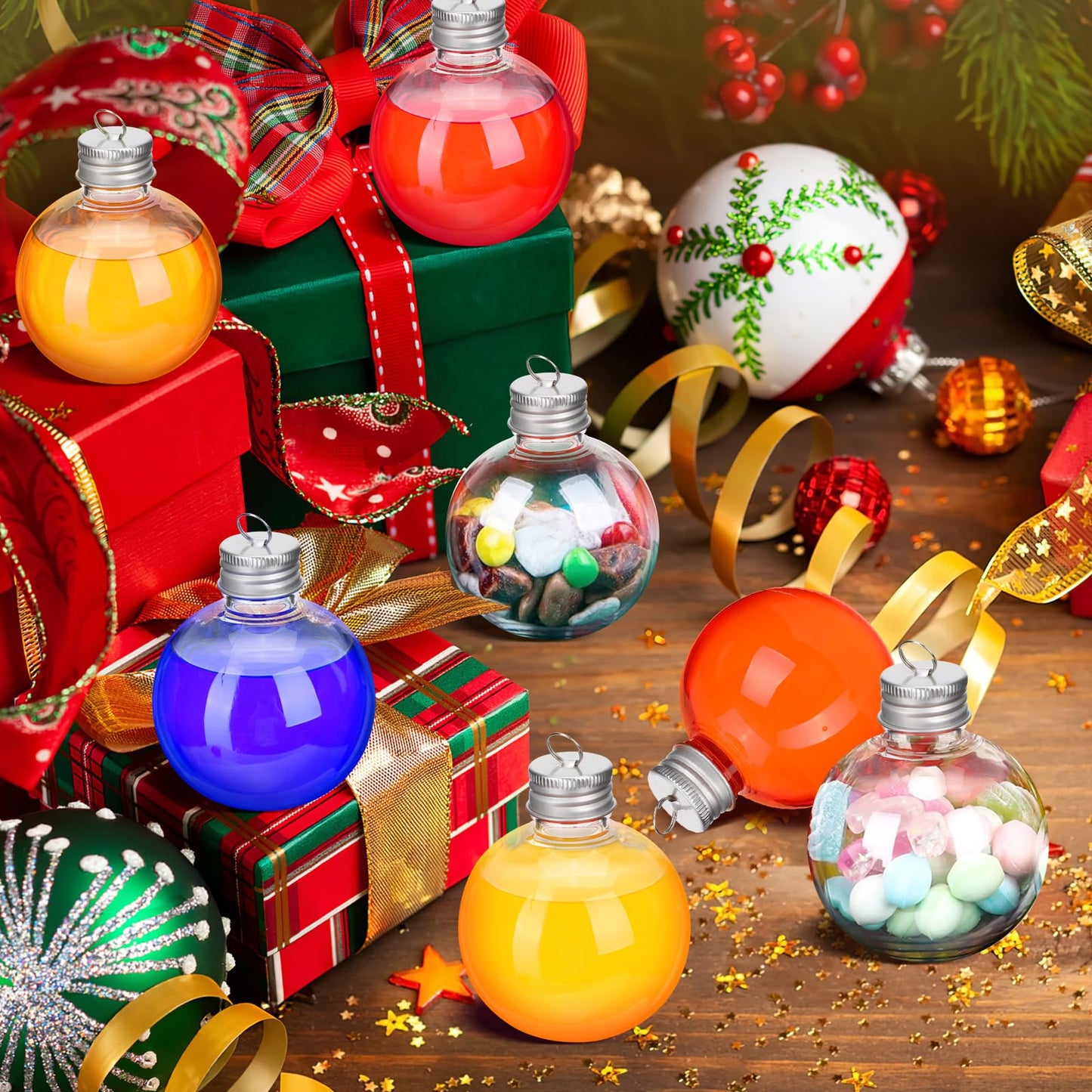 MAGICLULU 10Pcs Christmas Drink Balls, Fillable Booze Balls Ornament Clear Plastic Xmas Tree Ornaments for Drinks Water Candy Party Decoration Silver 150ML