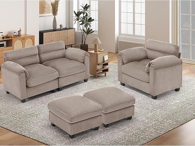 HAOMARKETS Corduroy 4-Piece Sofa Set, Upholstered Ottoman Set of 2, Accent