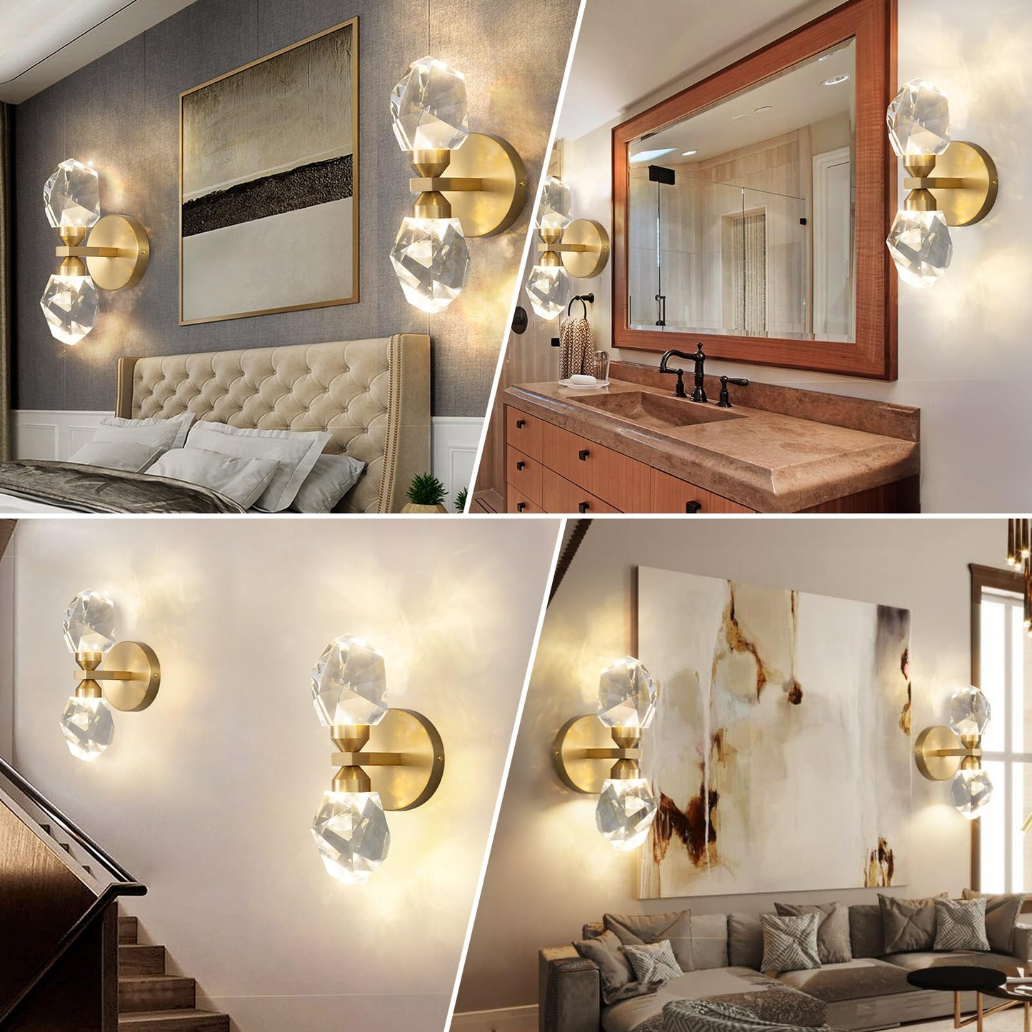 HAIXIANG 2 Packs Wall Sconces - Gold Modern Crystal Vanity Lighting for Dining Room, Bedroom, Living Room, Entryway, Bathroom - Wall Mount Lighting Fixture - Warm Light