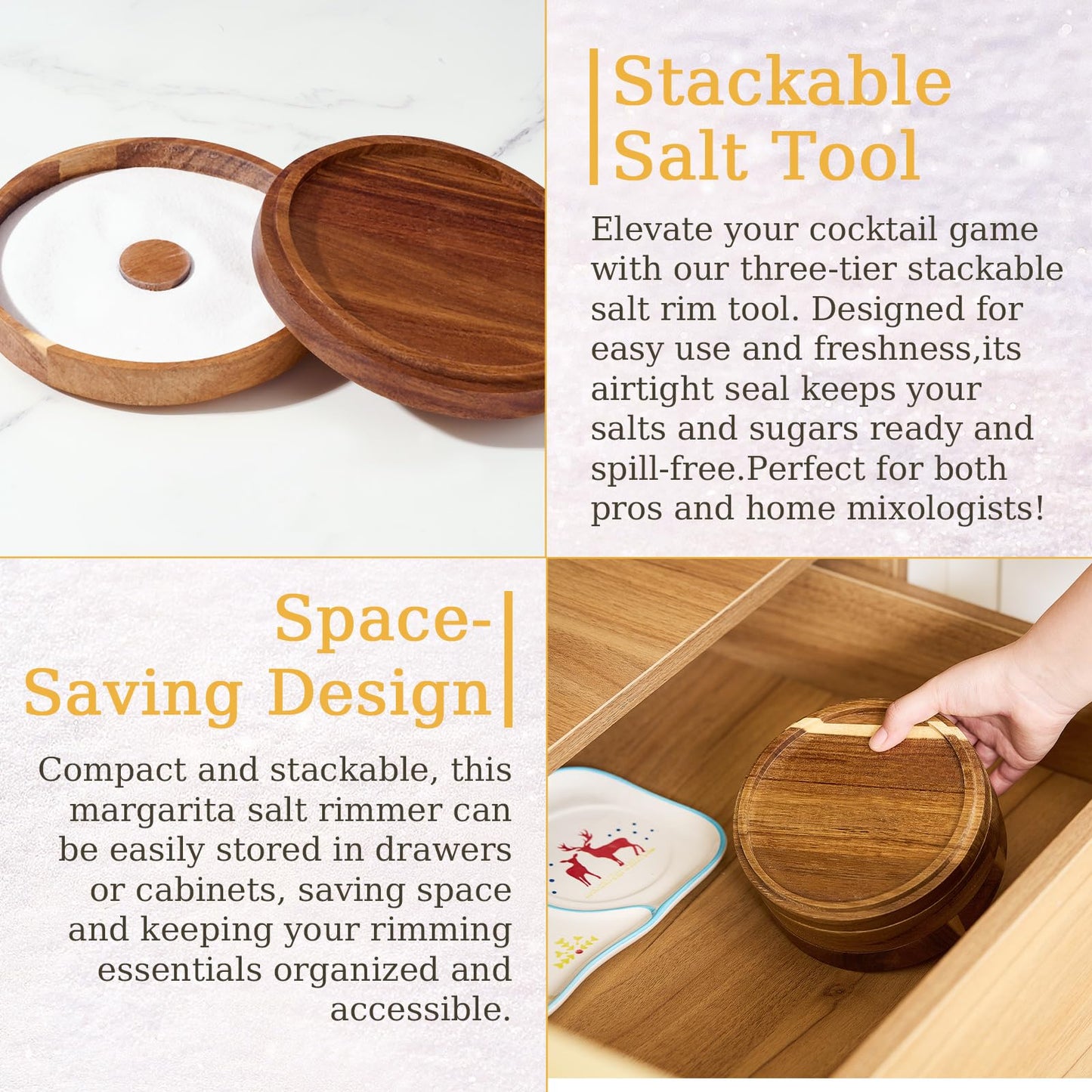 Domensi 2 Sets 3-Tier Acacia Wood Bar Glass Rimmer, 5.6" Margarita Salt Rimmer Set Salt and Sugar Tray for Cocktails Tequila Home Bartender Bar Accessories(Acacia Wood)