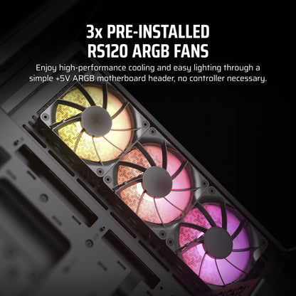 CORSAIR 3500X ARGB Mid-Tower ATX PC Case – Panoramic Tempered Glass – Reverse Connection Motherboard Compatible – 3x CORSAIR RS120 ARGB Fans Included – Black