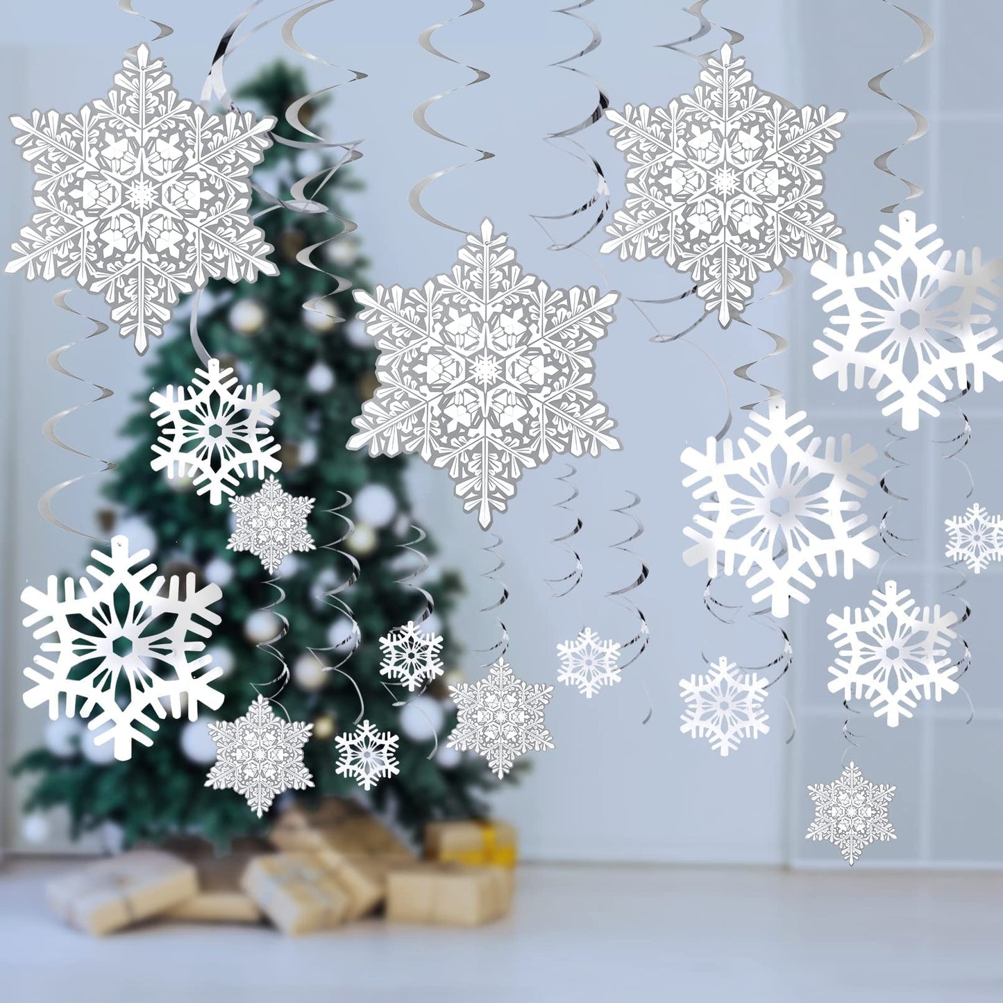 Ouddy Life 51 Pcs Christmas Snowflake Swirl Hanging Decorations, White Silver Snowflake Ornaments Decorations for Christmas New Year Holiday Winter Wonderland Frozen Theme Birthday Party Decorations