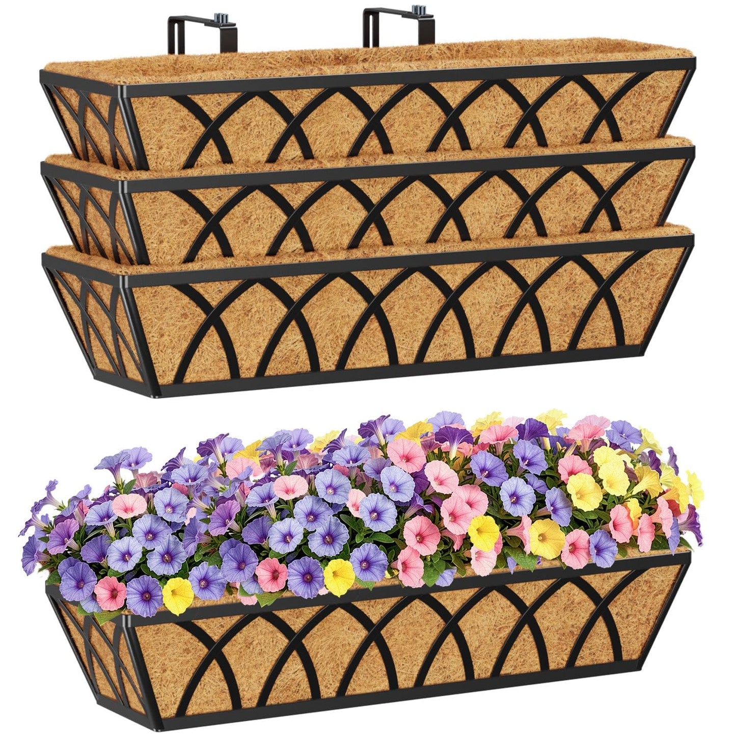 HFHOME 24 inch Railing Planter Box with Coco Liner, 24" Dia Window Box Trough with Coconut Coir Liners, Black Metal Hanging Flower Planter Basket for Indoor Outdoor Lawn - Set of 4