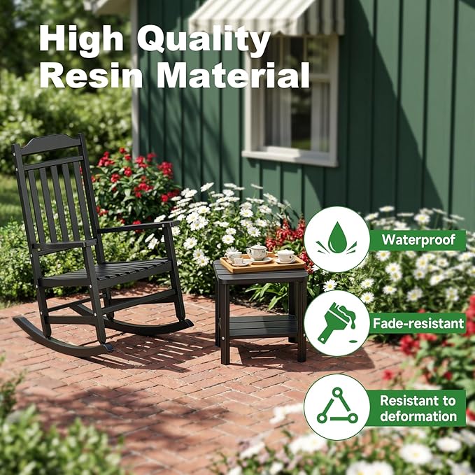5 Piece Outdoor Rocking Bistro Set, Rocking Chairs Outdoor Furniture, Resin Waterproof Sun-Proof Patio Furniture Set for Garden, Pool, Backyard（5, Black）