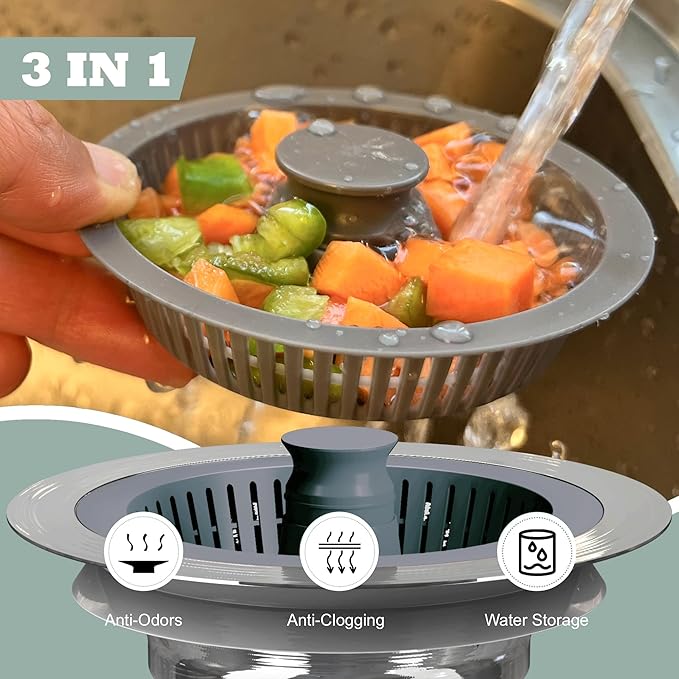Kitchen Sink Drain Strainer 3 in 1, 304 Stainless Steel Pop Up Sink Stopper