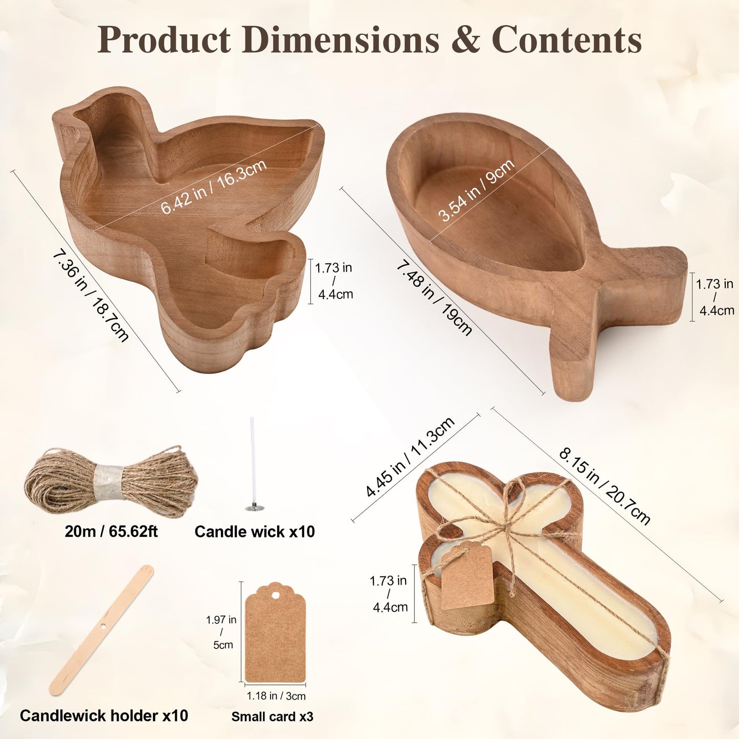Pawnoc Paulownia Wood Dough Bowl Set, 3 Pack Christian Candle Holders in Cross, Dove, Fish Shapes, Rustic Decorative Pieces for DIY Candle Making, Farmhouse or Church Decor