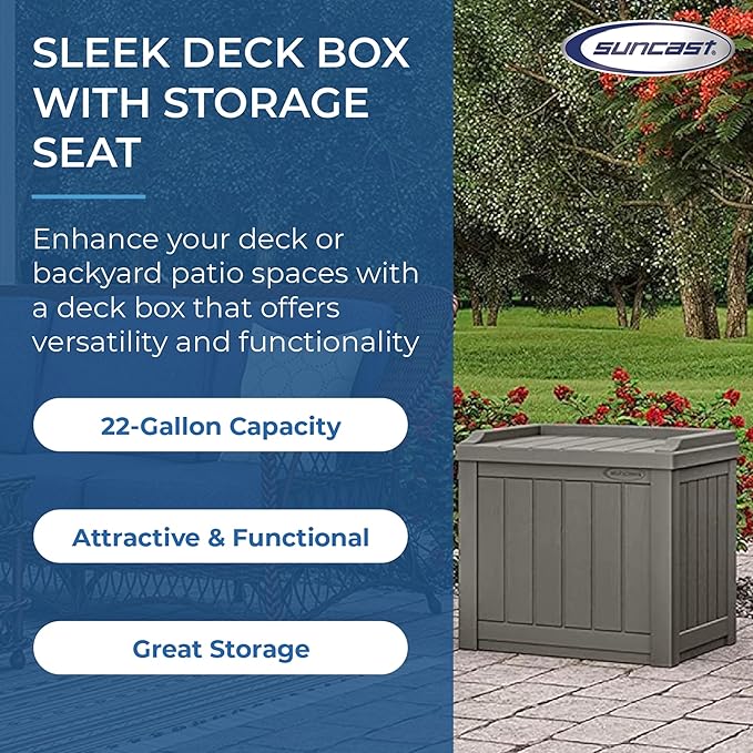 Suncast 2 Pack 22 Gallon Indoor or Outdoor Backyard Patio Small Storage Deck Box with Attractive Bench Seat and Reinforced Lid, Stone Gray