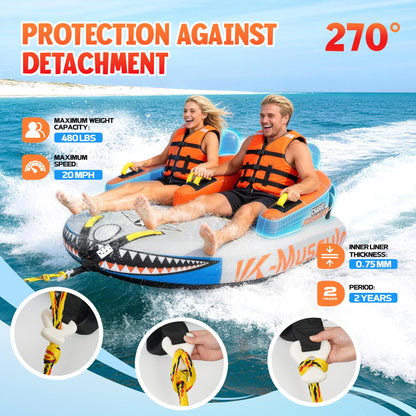 K-Musculo Towable Tubes Heavy Duty Water Tubes - 2 Person Shark Battle Tank, Boat Tubes & Towables, EVA Foam Pads, Drainage, Super Safe Handle, Quick Connector (F-1012)