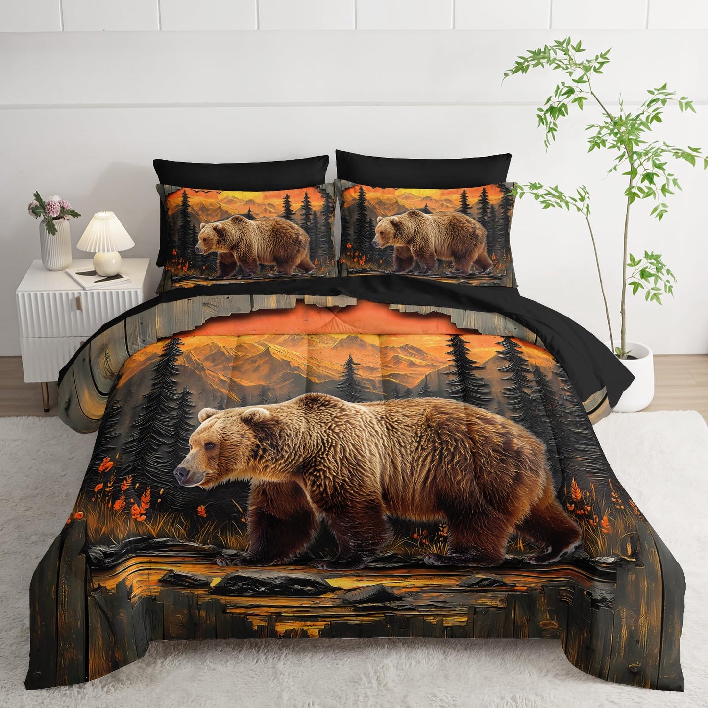 AILONEN Rustic Bear Bedding Queen Size 7-Piece Soft Bed in a Bag, Wildlife Hunting Comforter & Fitted Sheet & Flat Sheet & 2 Pillowcases,2 Pillow Shams for Bedroom Decor