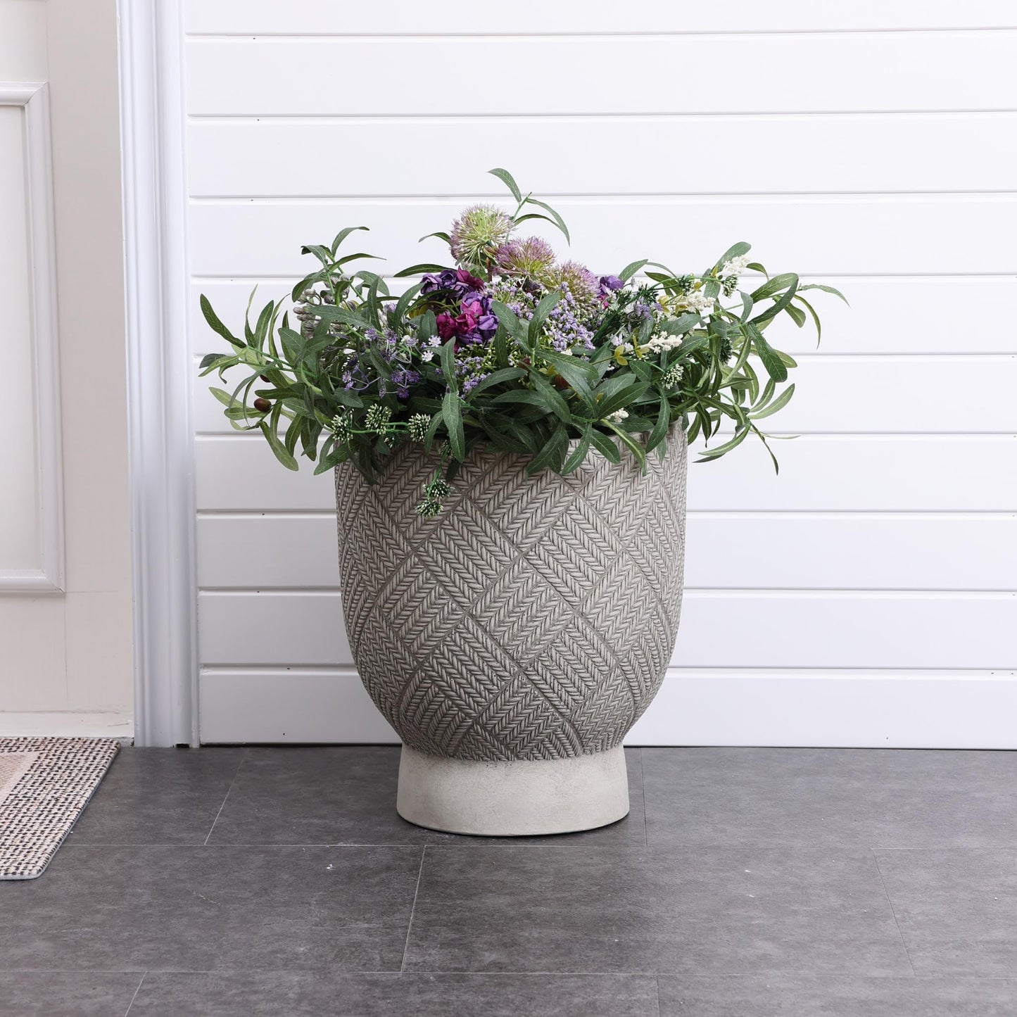 LuxenHome 16.5" H Concrete Tall Urn Planters, Large Outdoor Indoor Decorative Plant Pots with Drainage Holes and Rubber Plug, Modern Gray Glen Woven Pattern Flower Pot Planters for Home Garden Patio