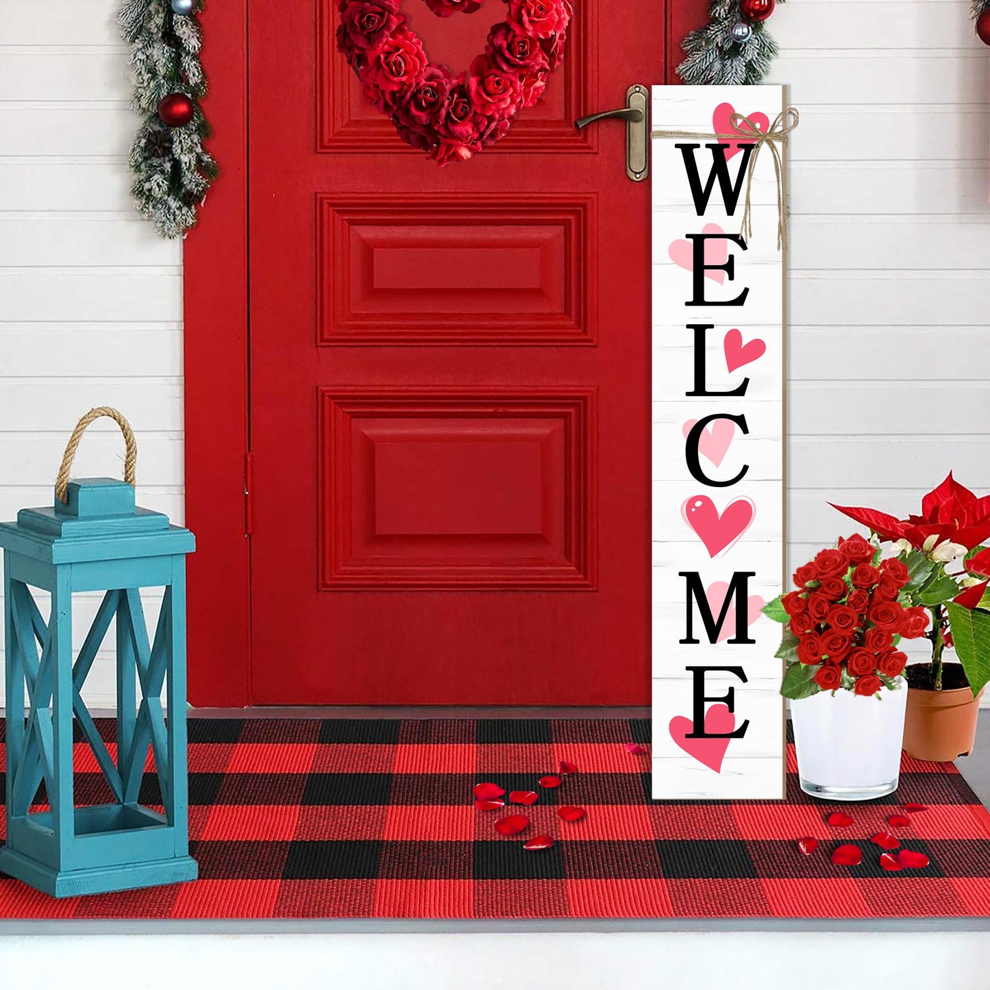 Valentine's Day Wooden Porch Sign 47" Spring Large Welcome Porch Sign for Home Front Door Yard Couple Party Decor (Red)