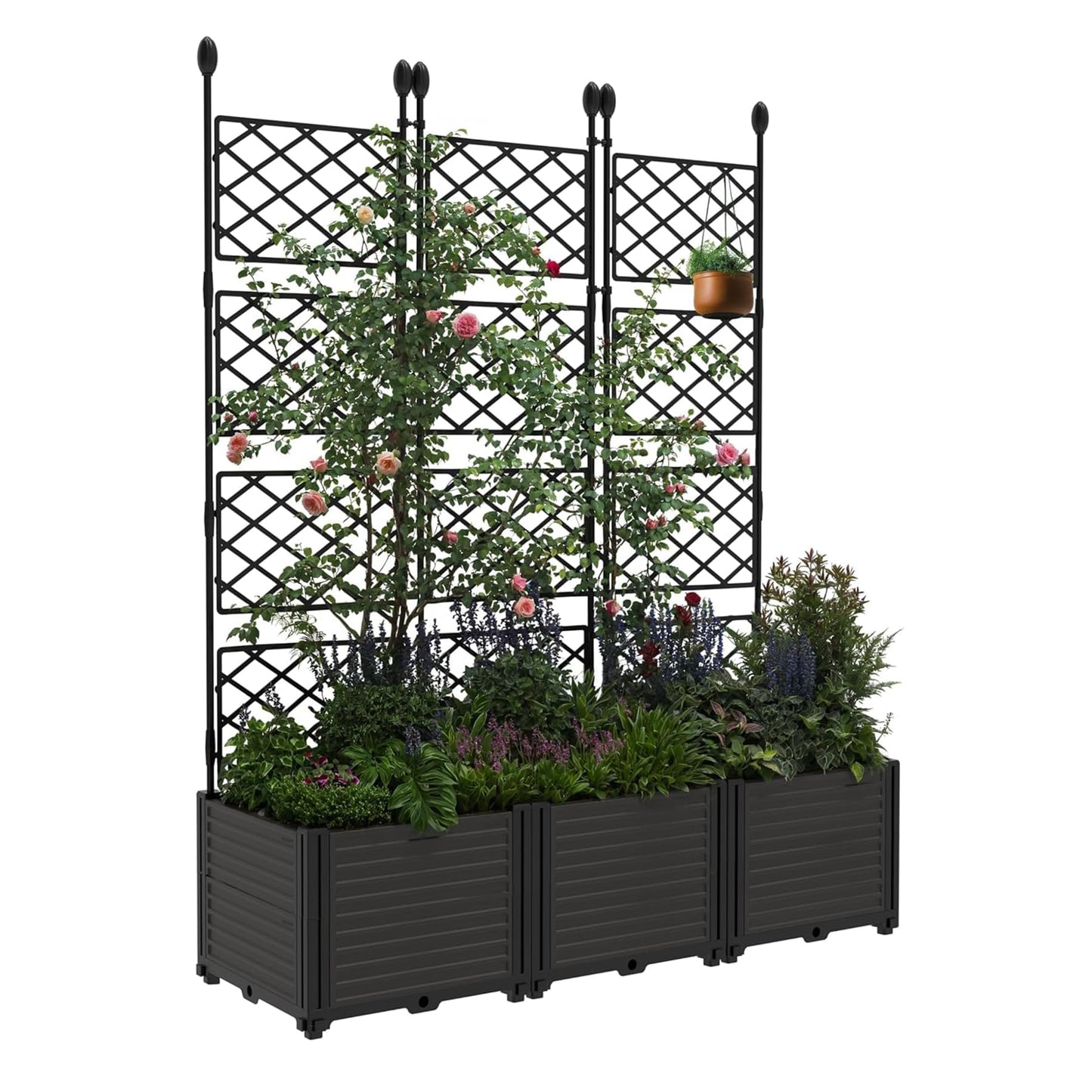 BouPower 4pcs Raised Garden Bed with Trellis & Privacy Screen, 63" h Tall Vertical Planter Box for Climbing Plants, Outdoor Garden Planter Box with Drainage Holes for Patio Balcony, Black