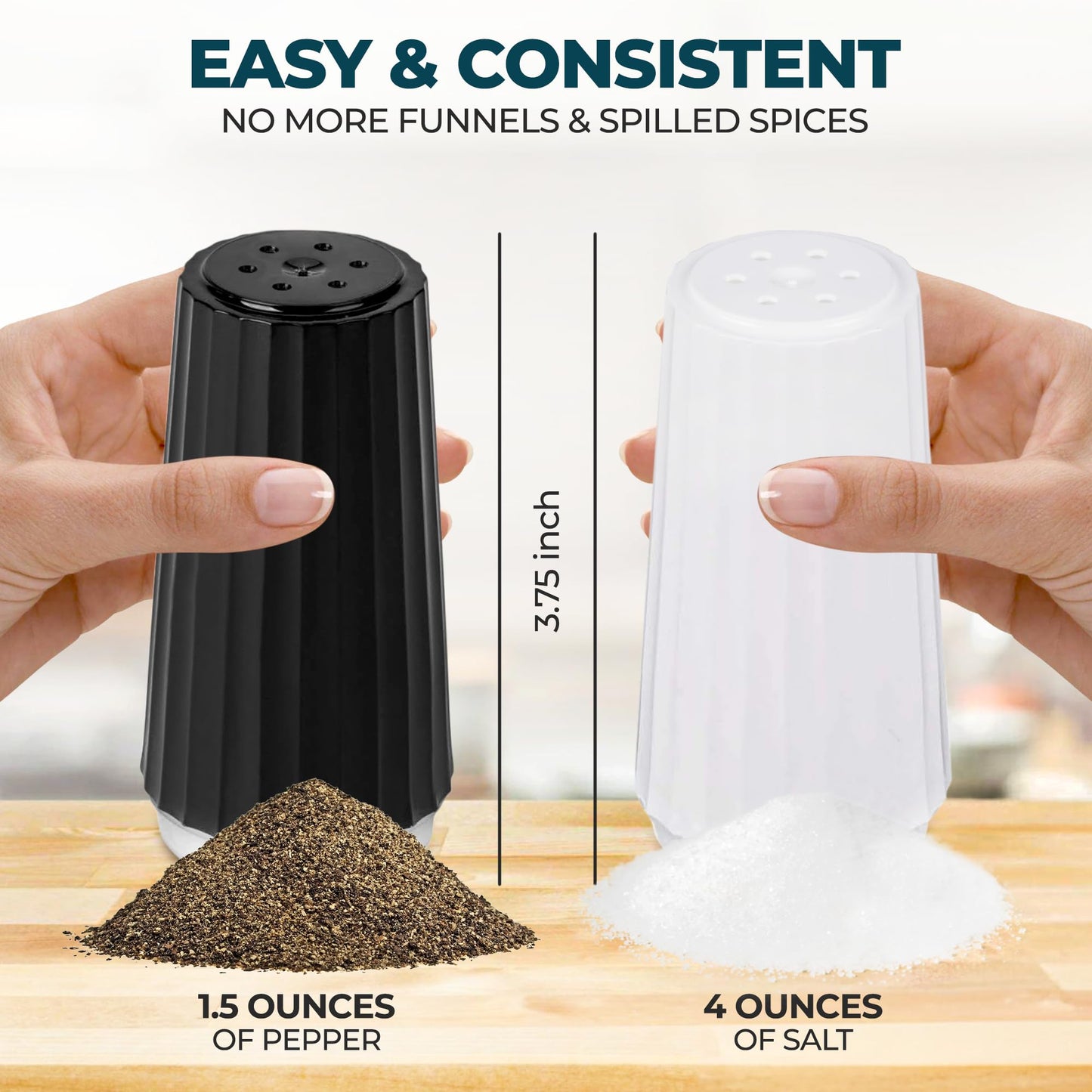 Disposable Plastic Salt and Pepper Shakers Set Bulk [12 Pack] – 6 Prefilled 4 Oz. Iodized Table Salt + 6 Prefilled 1.5 Oz. Pepper Sets for Travel Camping Outdoor - Small Mini Holes for Even Dispensing