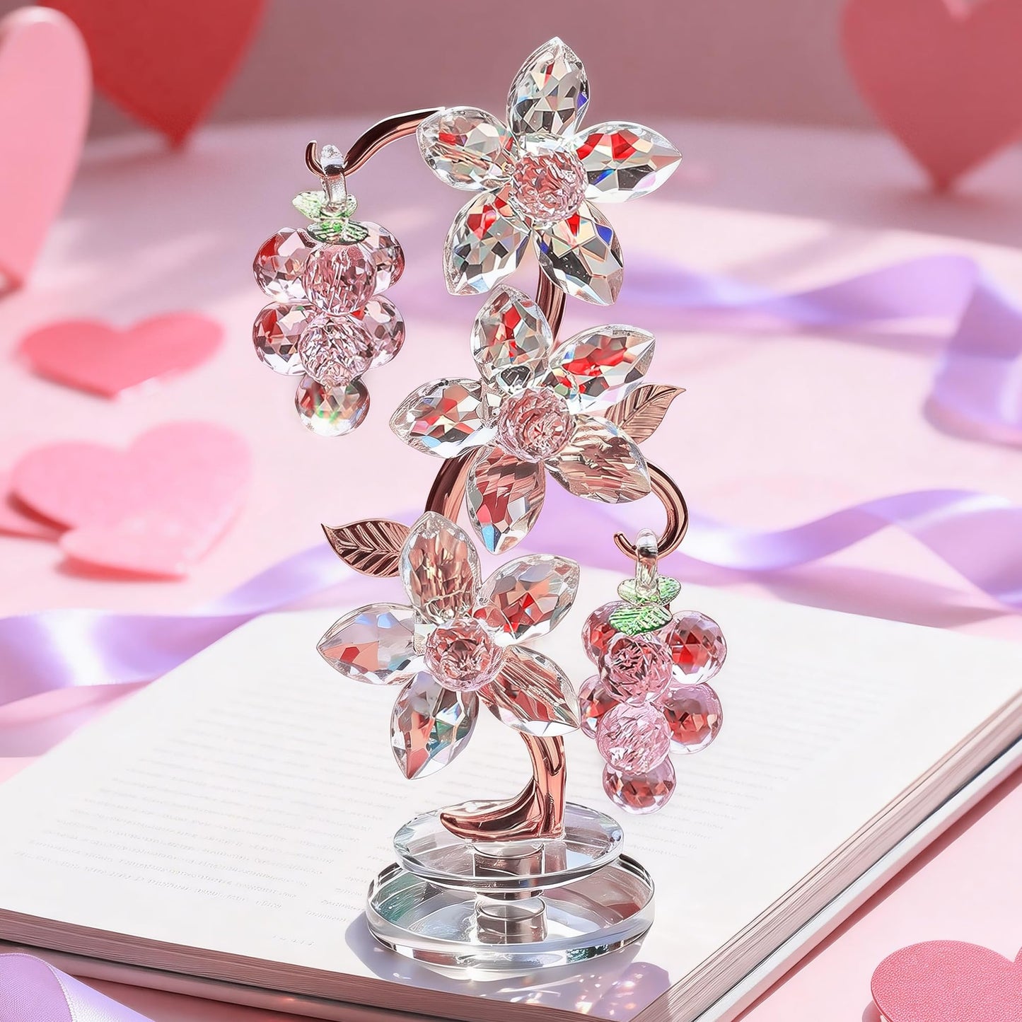 Rotating Pink Crystal Grape Figurine Table Centerpiece Decor