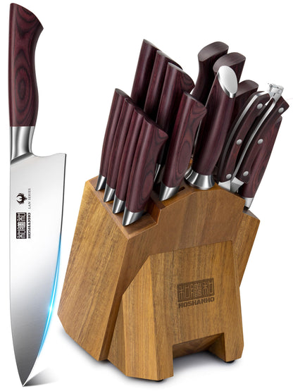 HOSHANHO Kitchen Knife Set with Block 18-Piece, Super Sharp High Carbon Stainless Steel Chef Knife Set, Professional Cutlery Knife Set with Sharpener