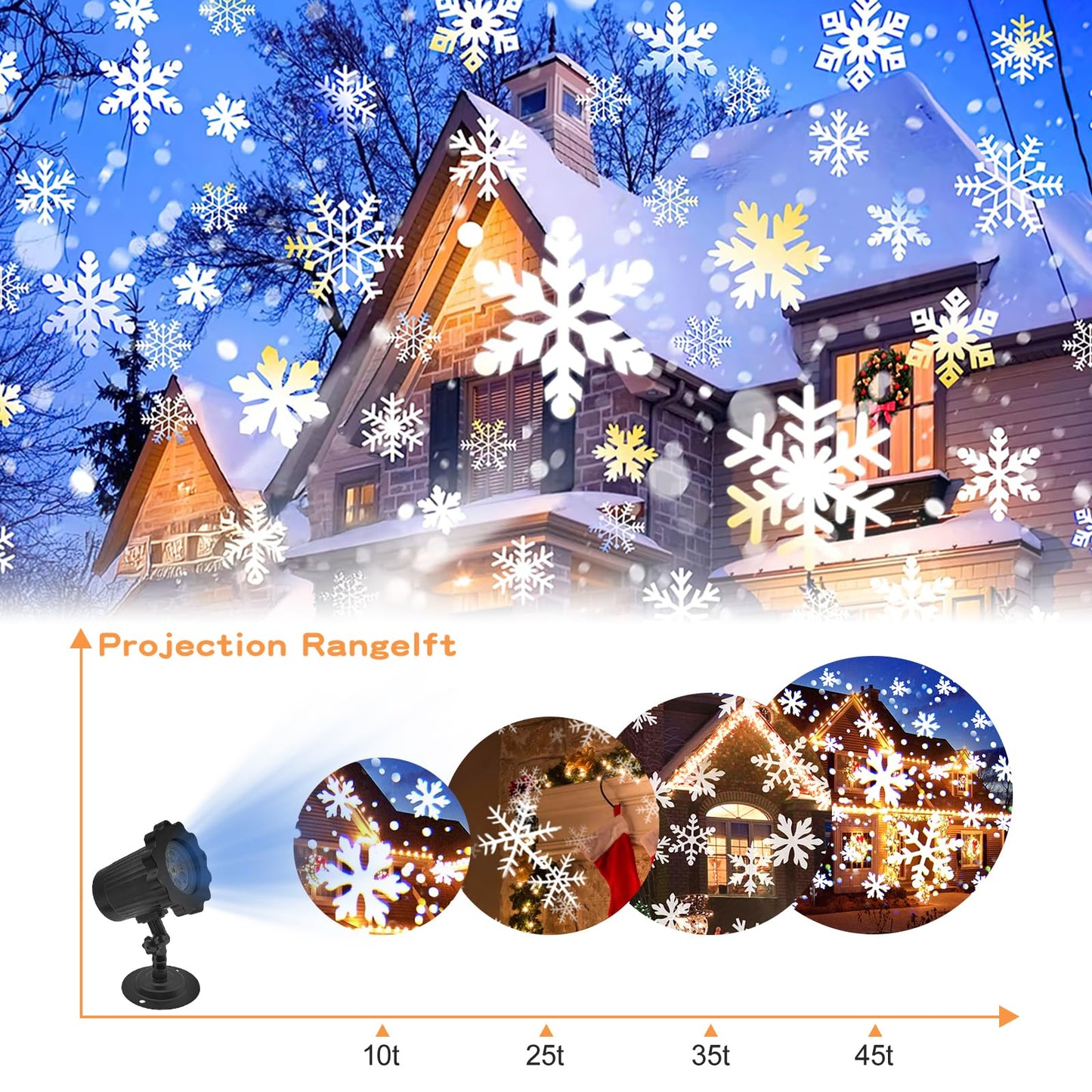 Christmas Snowflake Projector Lights Outdoor- IP65 Waterproof LED Snowfall Spotlight for Halloween &Xmas Projector Holiday Party, Home Decor Garden, Black