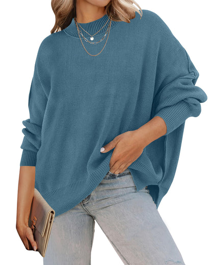 ZESICA Women's Fall 2025 Casual Long Sleeve Crew Neck Side Slit Oversized Ribbed Knit Pullover Sweater Tops