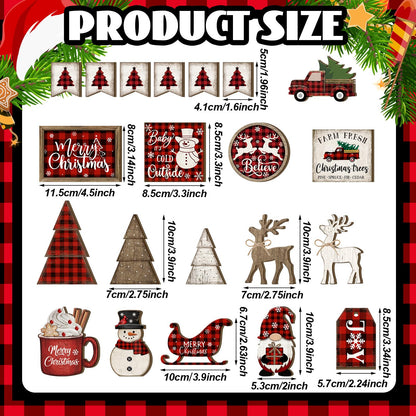 Shellwei 21 Pcs Christmas Tiered Tray Decor Set Wood Rustic Buffalo Plaid Christmas Decoration Winter Farmhouse Decor Xmas Trees Gnome Elk Snowflake Signs for Table Shelf Home Centerpiece (Plaid)