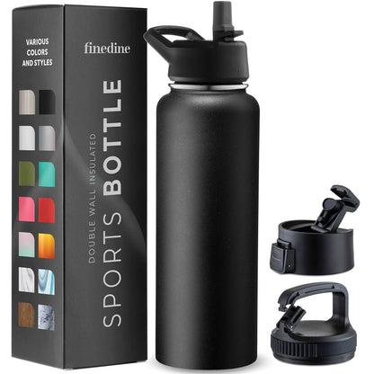 FineDine 25 Oz Insulated Water Bottle with Straw - Triple Walled Stainless Steel Metal Bottle W/ 3 Leak Proof Lids - For Travel, School, Sports, Gym/Men, Women & Kids - Inky Raven Black