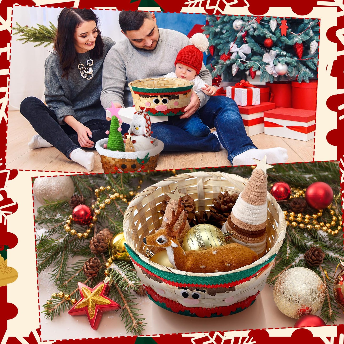 Youyole 4 Pieces Christmas Basket for Gifts Woven Bamboo Xmas Round Gingerbread Basket Small Santa Claus for Christmas Party Supplies Gift Snack Storage (Cute)