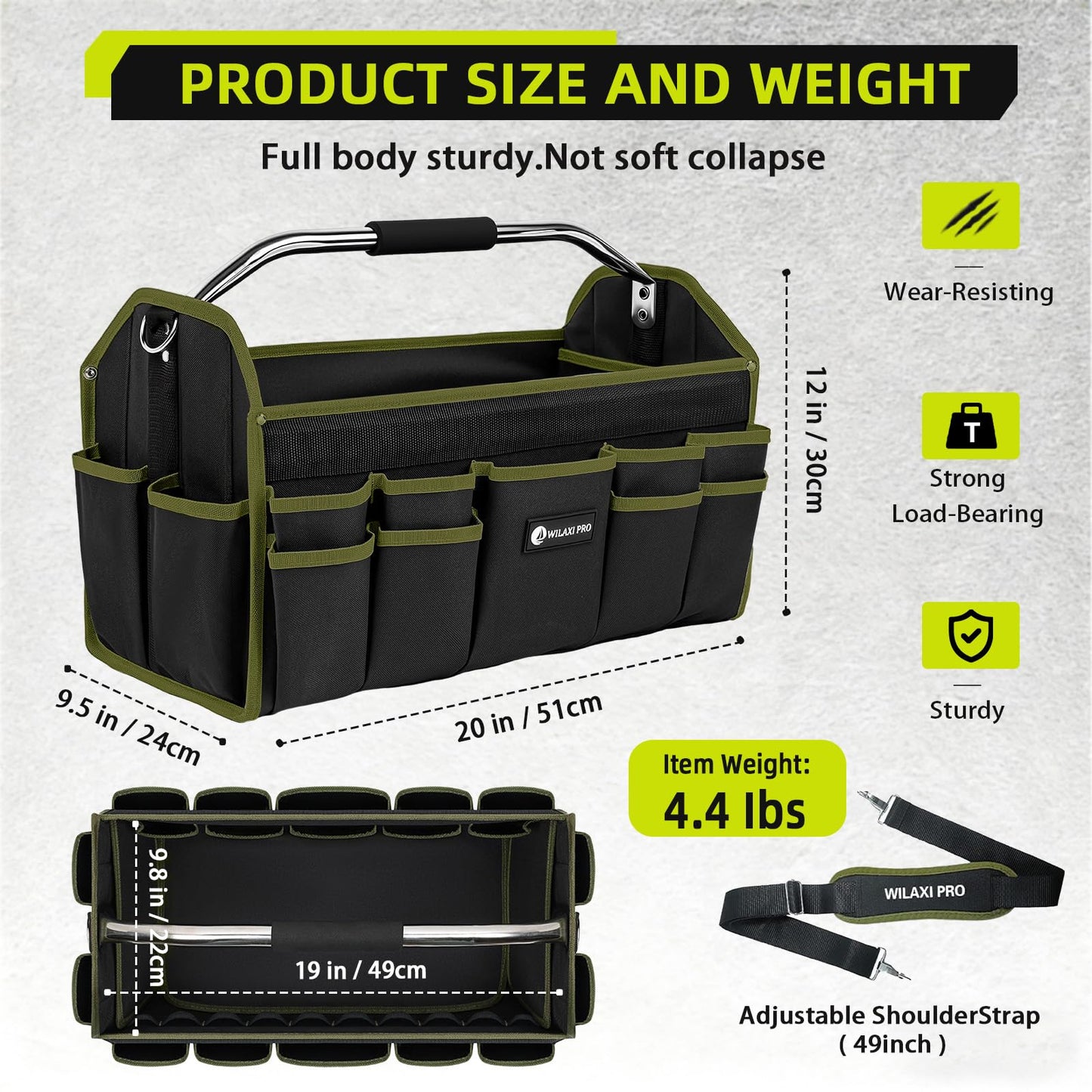 WILAXI PRO 20in Foldable Open Top Tool Bags For Men Heavy Duty, Tool Carrier hard With Handle, Wide Mouth Electrician Tool Tote, Many Pockets Can Hold Many Tool, Green