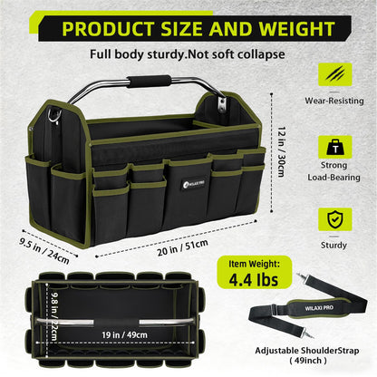 WILAXI PRO 20in Foldable Open Top Tool Bags For Men Heavy Duty, Tool Carrier hard With Handle, Wide Mouth Electrician Tool Tote, Many Pockets Can Hold Many Tool, Green