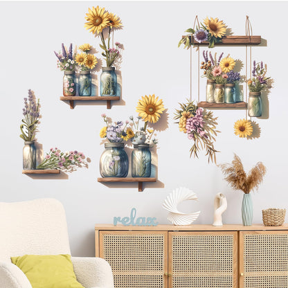 Sunflower Wall Decals 3D Flower Wall Stickers Potted Plant Floral Wall Decal Peel and Stick Flower Window Clings Vinyl Removable for Bedroom Nursery Decoration