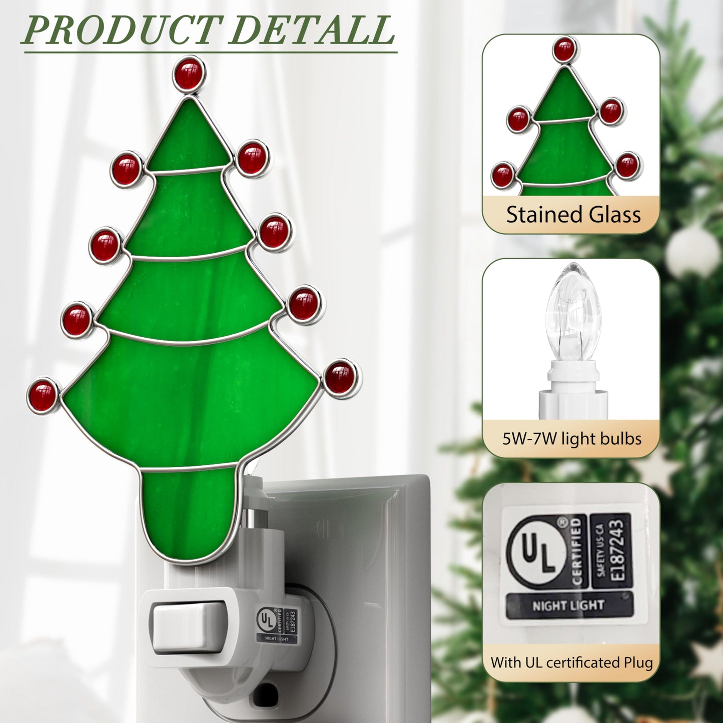 KUNDGLA Night Light Plug into Wall Stained Glass Christmas Tree Pretty Night Lights Plug in 7W Warm White Light Decorative Accent Nightlight Silver Chrome Nightlights Home Decor Gift for Grandkids
