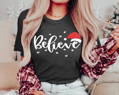 Believe Christmas Shirt for Women Christmas Tree Graphic T-Shirts Believe Letter Print Tees Holiday Tops (Dark Grey, Large)