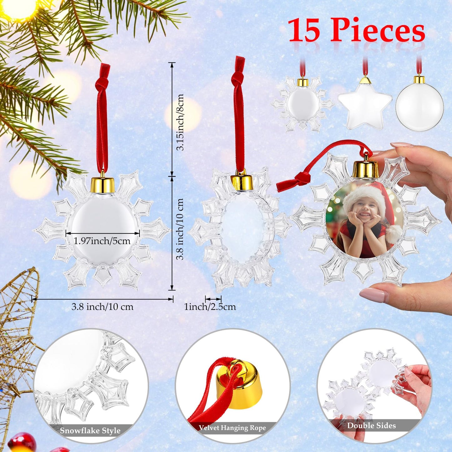 15 Pcs Christmas Hanging Photo Frame Christmas Photo Ornaments Acrylic Decorative Pictures Frames Family Ornament for Winter Christmas Tree Decorations(Round, Snowflake, Star)