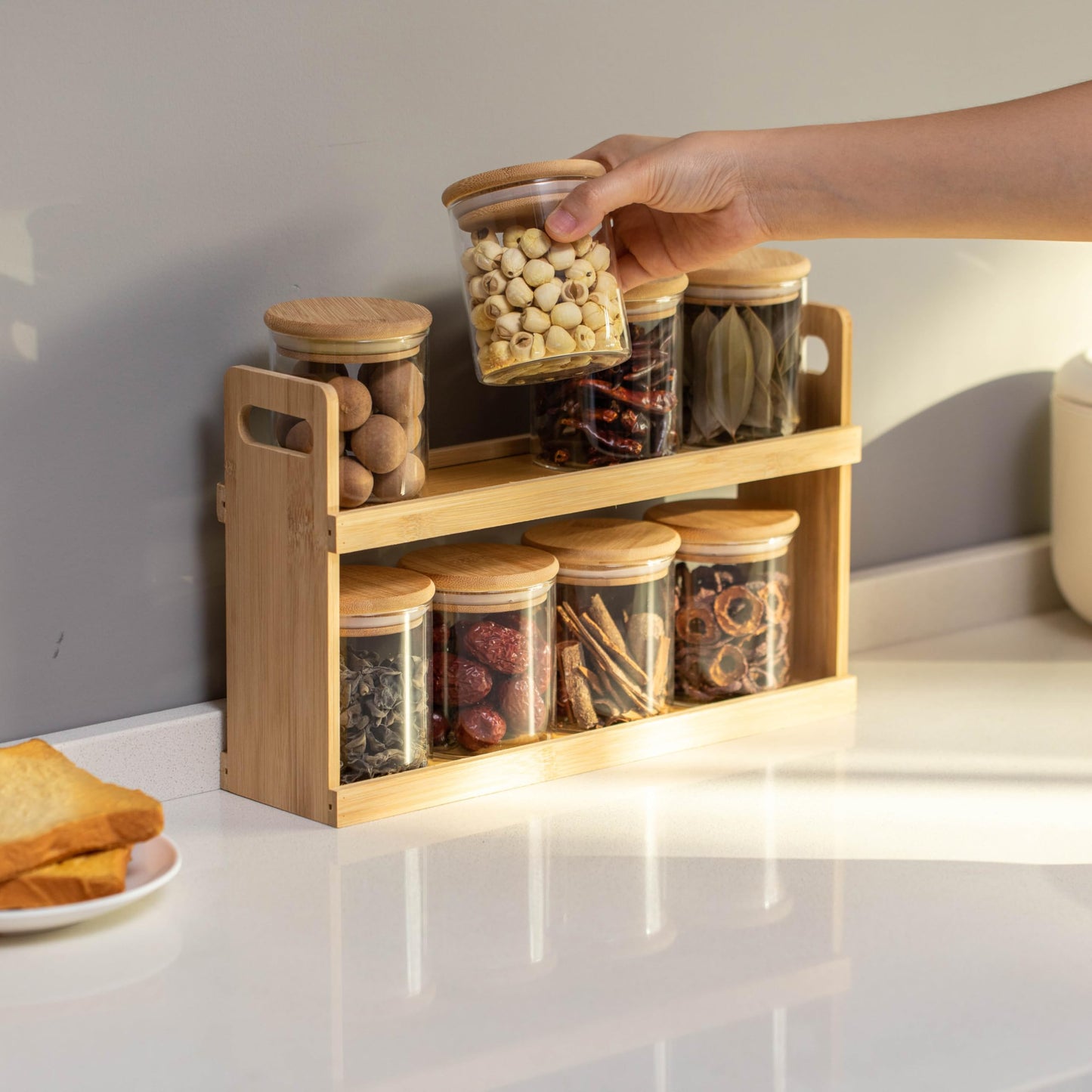 Basicwise Versatile 2-Tier Bamboo Spice Rack and Pantry Organizer with 8 Glass Jars – Perfect for Countertop Storage in Kitchens to Keep Seasoning Containers Neatly Displayed and Easily Accessible