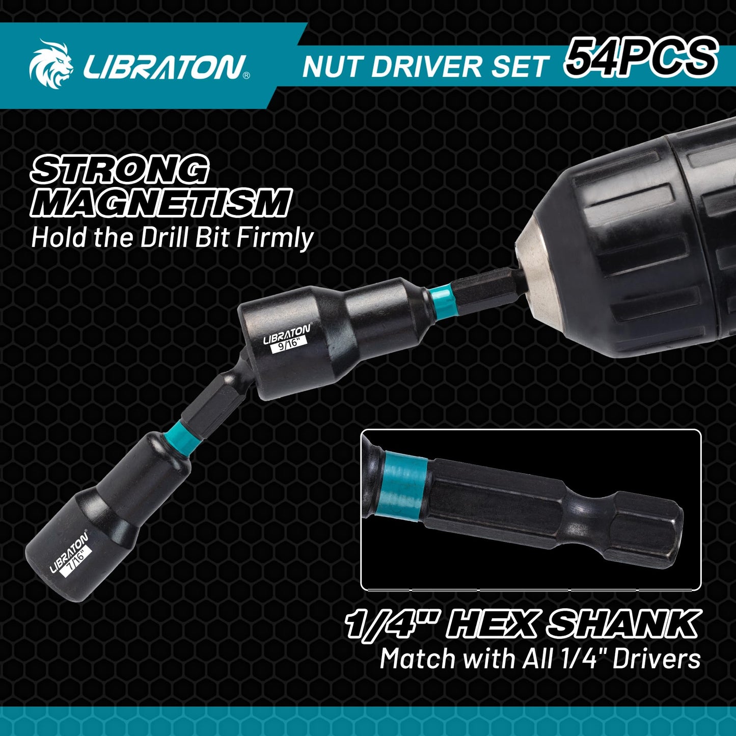 LIBRATON 54PCS Magnetic Nut Driver Set, Impact Drill Driver Bit 1/4", Metric & SAE Nut Driver for Impact Drill, Socket Adapters, Screwdriver Bits, Quick-Release Extension, Wing Nut Driver, Storage Box