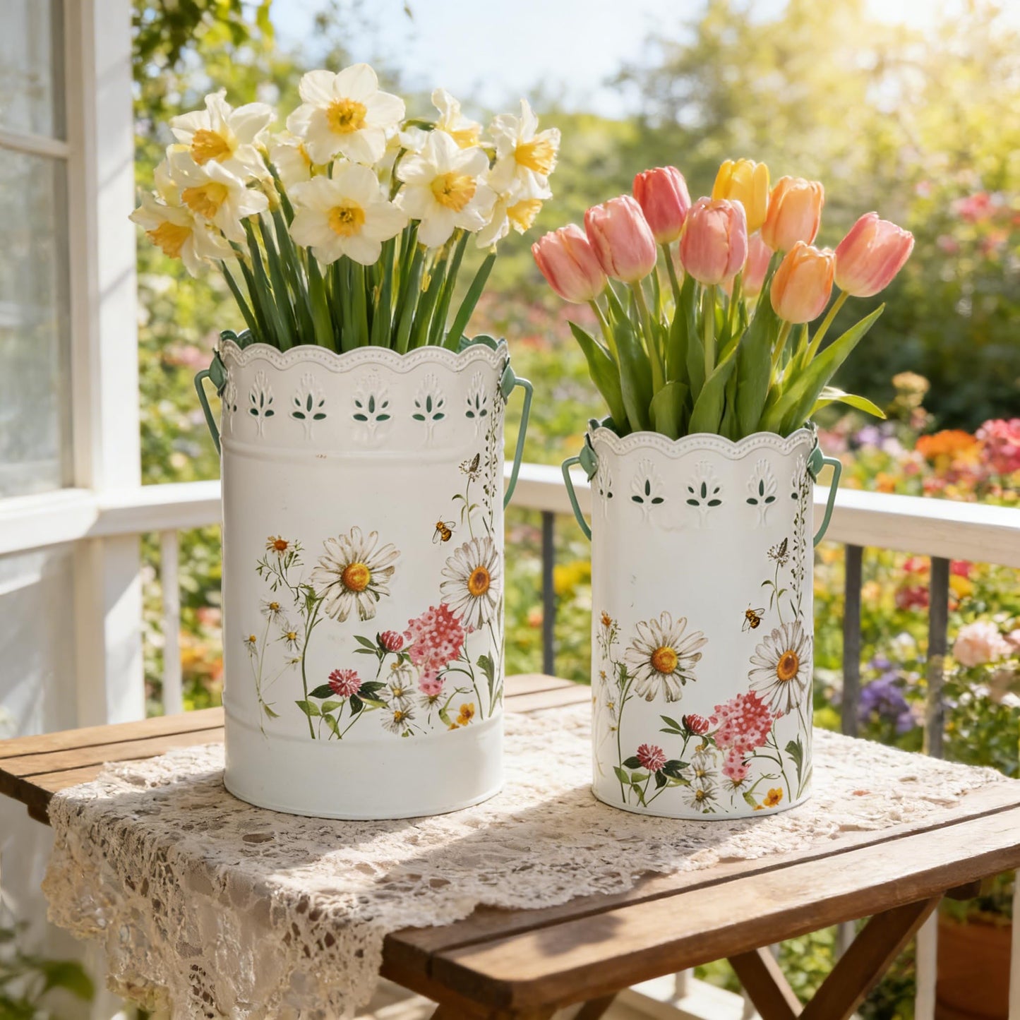 Zorvynelle Set of 2 Rustic White Metal Flower Pots, Decorative Floral Buckets Farmhouse Iron Vases Planters for Dried Flowers, Faux Plants, Home Garden Decor