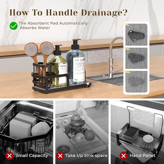Kitchen Sink Caddy Organizer for Instant Dry, Rustproof Sponge Holder & Dish