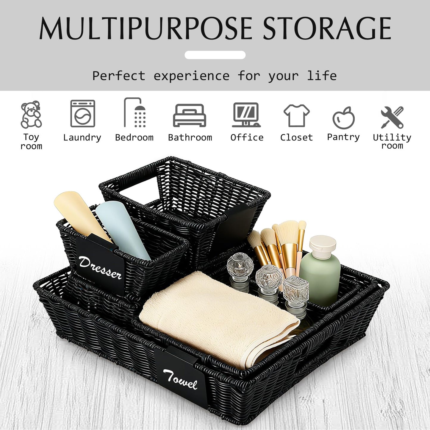 Marsui 9 Pcs Wicker Storage Baskets for Pantry Organization with Handle Labels Handwoven Multi-size Brown Small Organizer Baskets Storage Bins Container for Shelves Closet Toilet Christmas Holiday