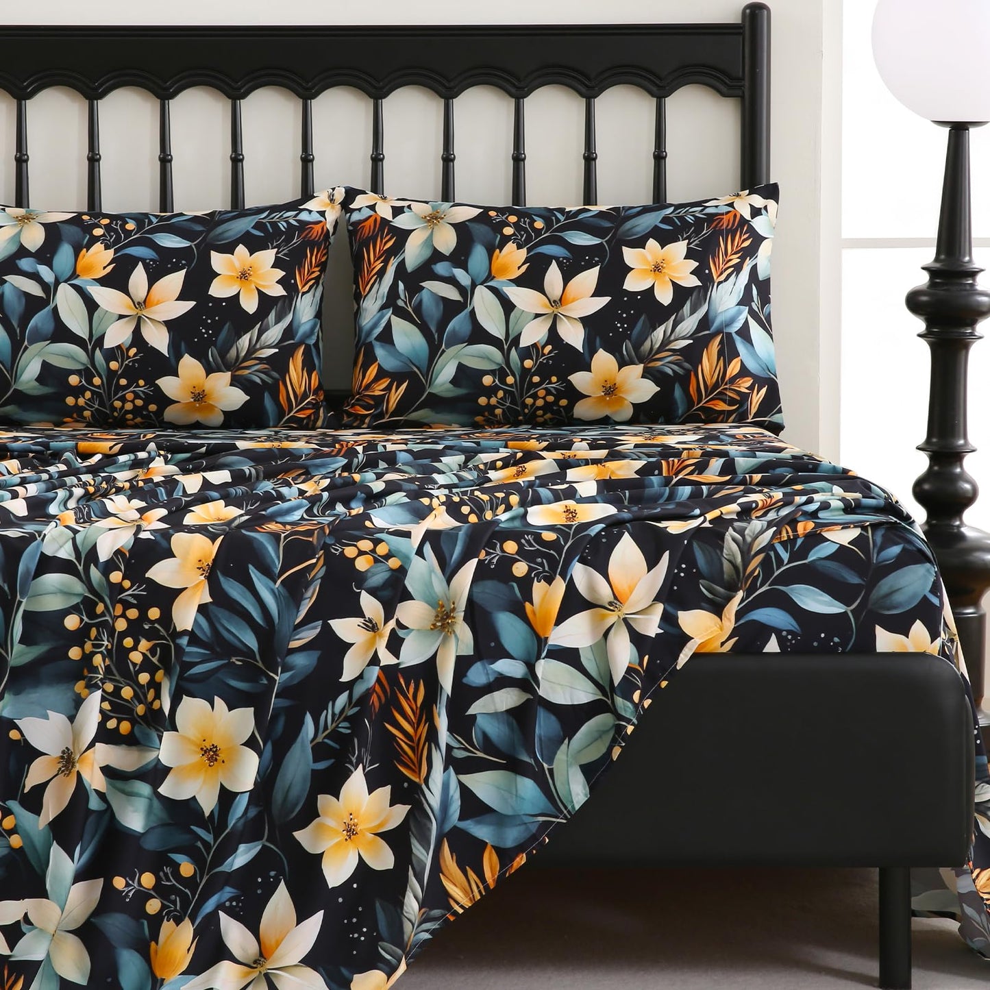 CozySmile 4 Pieces Queen Sheet Set Floral, Boho Sheets Soft Microfiber Deep Pocket, Floral Sheets (Queen, Tranquil Night Lily)