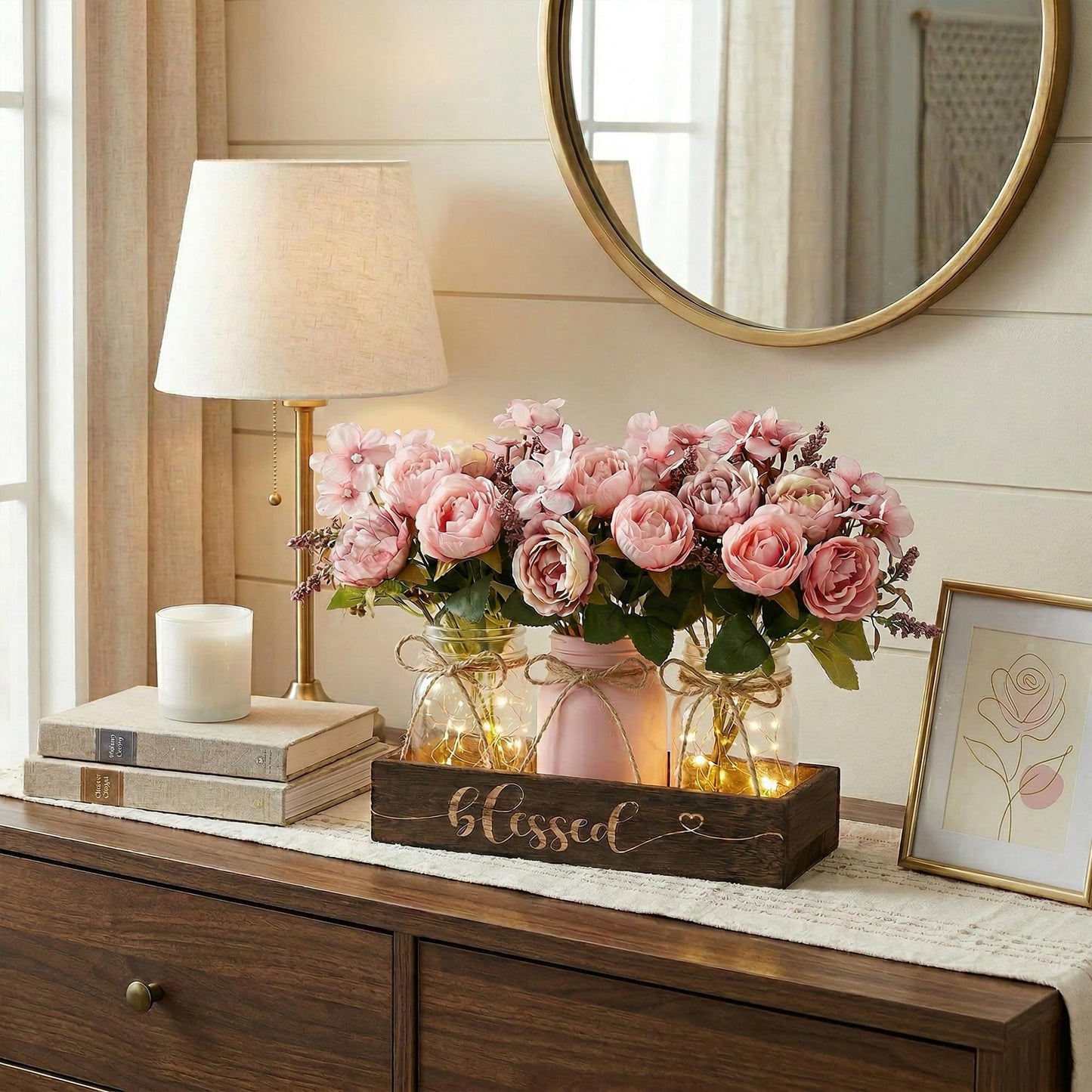 Fancyplus 3 Pcs Mason Jar Centerpiece with Wood Tray & LED Light, Farmhouse Table Decor for Dining Room Kitchen Living Bathroom, Pink