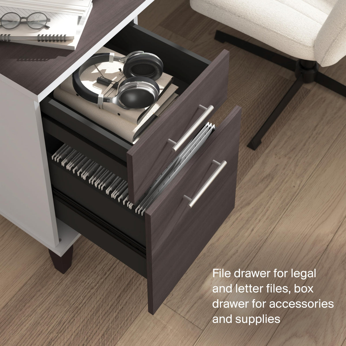 Bush Home 72-Inch L-Shaped Desk with Storage, Corner Computer Office Desk with File and Box Drawers, Home Office Workstation with Storage Cabinet, Somerset Collection, Storm Gray and White