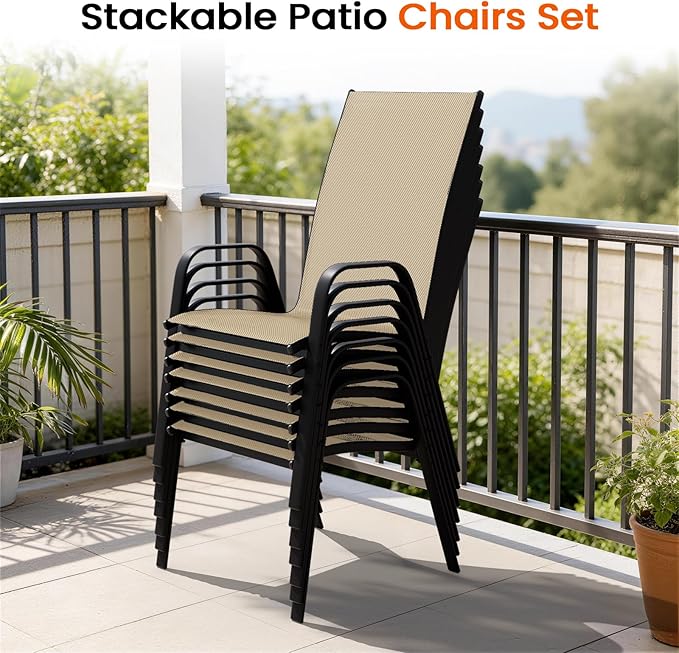 JEAREY Patio Dining Chairs Set of 4, Outdoor Stackable Dining Furniture Set, All Weather Dining Set for Lawn, Garden, Poolside, Beige