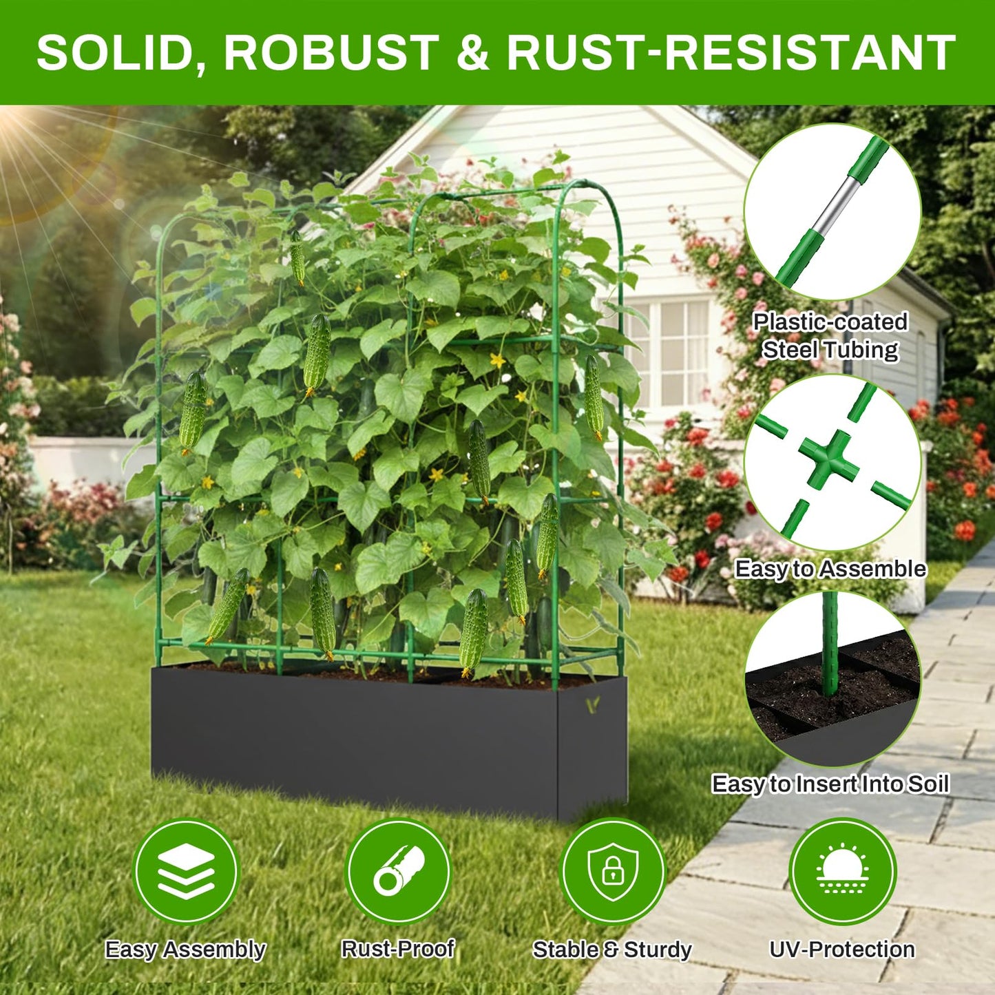 U-Shape Cucumber Trellis with Grow Bag, 64" Tall Metal Garden Trellis for Climbing Plants Outdoor, Reusable Cucumber Trellis for Raised Bed with Garden Netting for Tomatoes, Peas, Plant Vines Support