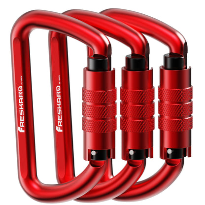 FresKaro 3inch Auto Locking Carabiner Clips, Solid D Shape Style, Heavy Duty Keychain Aluminum Carabiner - Holds a Maximum of 2698lbs, Lightweight 1.09oz, for Hammock, Hiking, Dog Leash, 3pack, Red