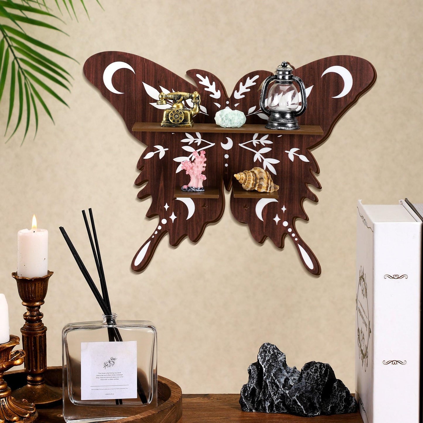 Kigley 3 Pcs Luna Moth Crystal Shelf Display Boho Wood Wall Floating Shelves Butterfly Heart Crystal Shelf Moon Decor for Gem Stone Essential Oil Storage Witchy Home Rustic Decor (Butterfly)