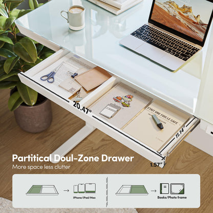 BANTI Electric Standing Desk with Drawers, 48 inch Whole-Piece Glass Desktop, Height Adjustable Stand up Sit Stand Home Office Ergonomic Workstation, White Tabletop