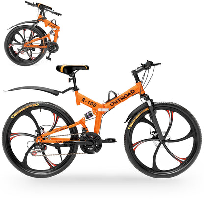 Outroad 26 Inch Folding Mountain Bike, 21 Speed Full Suspension High-Carbon Steel MTB Foldable Bikes, Dual Disc Brake Non-Slip Folding Bicycle for Adults/Men/Women, 26 inch-Orange