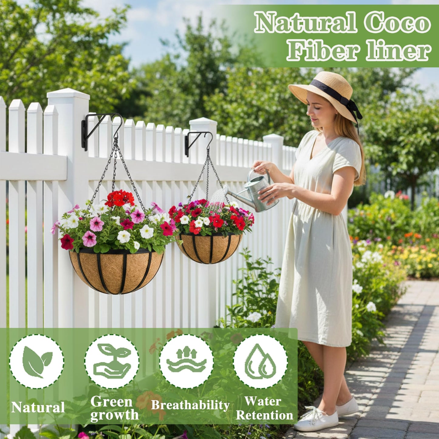 Black Flat Iron Metal Hanging Planter Basket with Coco Coir Liner(4 Pack, 16 Inch) Hanging Planters for Outdoor Plants Round Plant Flower Pots Hanging Flower Basket for Outdoor Patio Garden Decoration